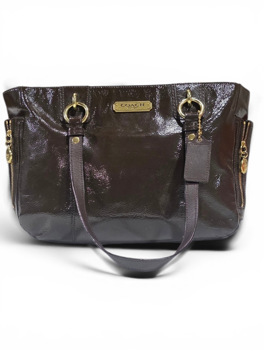 Coach Patent Leather Shoulder Tote in Dark Brown with Gold Hardware